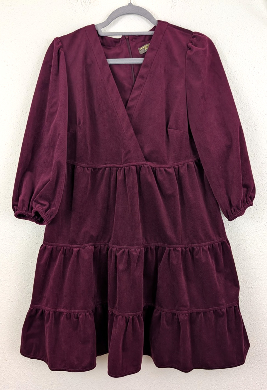 Melonie T sz 12 Wine Colored Babydoll Mini Dress 3/4 bubble sleeves soft 1077